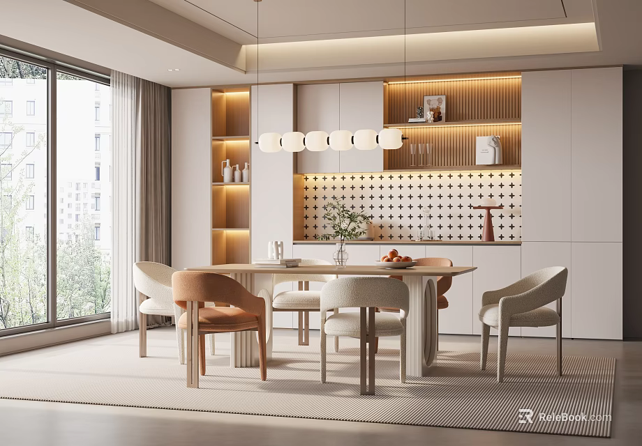 Modern Restaurant Dining Space With Round Table Chairs Pendant Lights And Large Windows 3d model