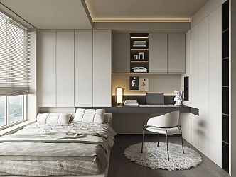 Modern Tatami Bedroom Bed Wardrobe Table Lamp Curtain Carpet Pillow 3d model
