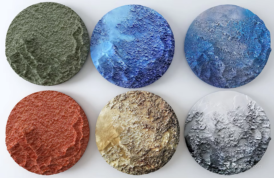 Colorful Round Wall Decor with Textured Surfaces in Green Blue Red Gold Silver Tones 3d model 