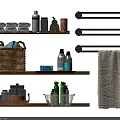 Essential Bathroom Accessories with Folded Towels Toiletries Bottles Wooden Shelves Wicker Baskets Towel Racks
