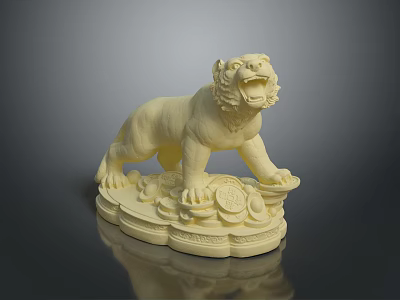 Standing Tiger Sculpture With Ivory Color And Coin Decorative Base 3d model
