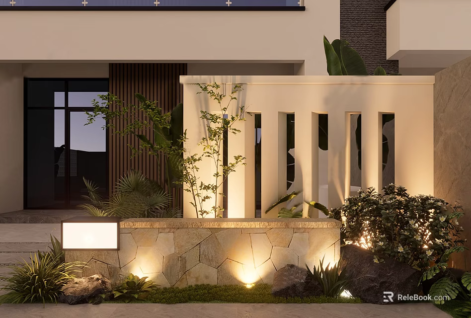Modern Outdoor Feature Wall Design With Stone Base Lighting And Greenery Plants 3d model 