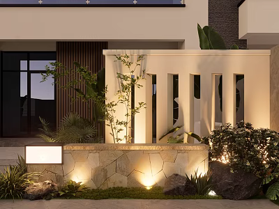 Modern Outdoor Feature Wall Design With Stone Base Lighting And Greenery Plants 3d model