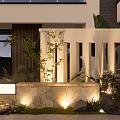 Modern Outdoor Feature Wall Design With Stone Base Lighting And Greenery Plants