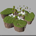 Floating Islands Covered with Green Grass and Rock Formations Amid White Clouds