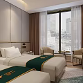 Modern Light Luxury Hotel Guest Room With Two Comfortable Twin Beds And Complete Practical Amenities