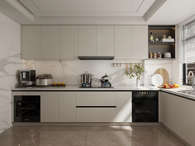 Modern Kitchen Interior With Light Gray Cabinets Marble Countertop And Stainless Steel Appliances 3d model