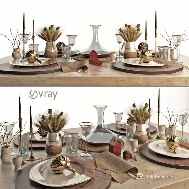 Elegant Dinnerware Set With Golden Plates Vases Wheat Decor And Red House Ornaments 3d model 