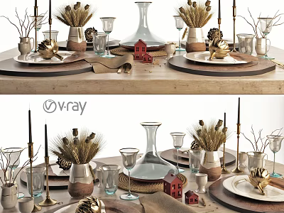 Elegant Dinnerware Set With Golden Plates Vases Wheat Decor And Red House Ornaments 3d model