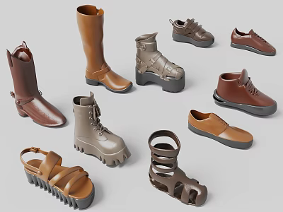 Different Styles of Brown Shoes Including Boots Sandals and Casual Footwear Collection 3d model