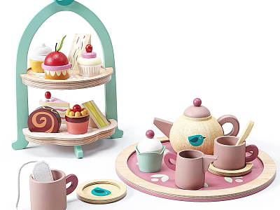 Wooden Toy Tea Set With Three Tiered Dessert Stand Teapot And Cups 3d model