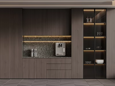 Modern Kitchen Wine Cabinet With Glass Doors LED Lighting And Wooden Shelves 3d model