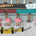 Vibrant Commercial Street With Colorful Awnings Shopfronts Outdoor Seating Pink Umbrellas And Pedestrians