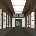 Clubhouse Long Corridor With Wooden Structure Lattice Windows White Walls And Ceiling Lights