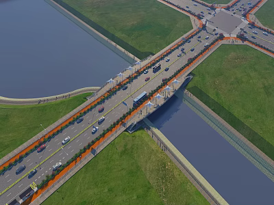 Multi Lane Bridge Road Infrastructure With Vehicles River And Green Belts 3d model
