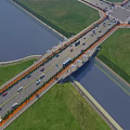 Multi Lane Bridge Road Infrastructure With Vehicles River And Green Belts