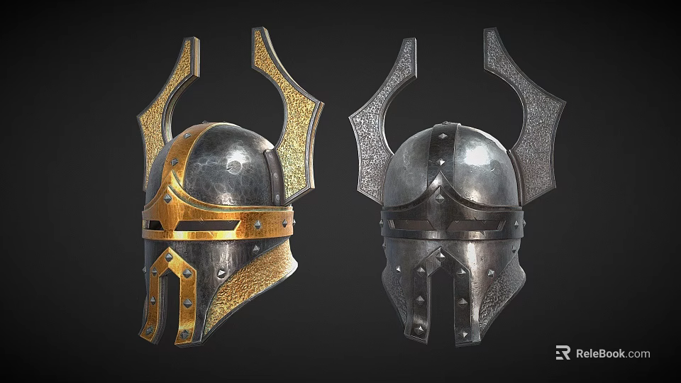Two Horned Medieval Helmets With Golden And Silver Metal Decorative Design 3d model 