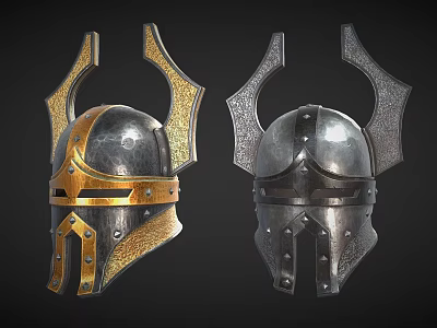 Two Horned Medieval Helmets With Golden And Silver Metal Decorative Design 3d model