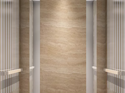 Modern Elevator Interior Design With Beige Marble Walls Striped Panels And Wooden Handrails 3d model