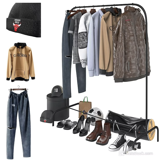 Stylish Clothing Collection Featuring Champion Hoodie Jeans Jackets Hat Shoes And Saddle 3d model 