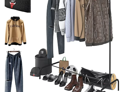 Stylish Clothing Collection Featuring Champion Hoodie Jeans Jackets Hat Shoes And Saddle 3d model