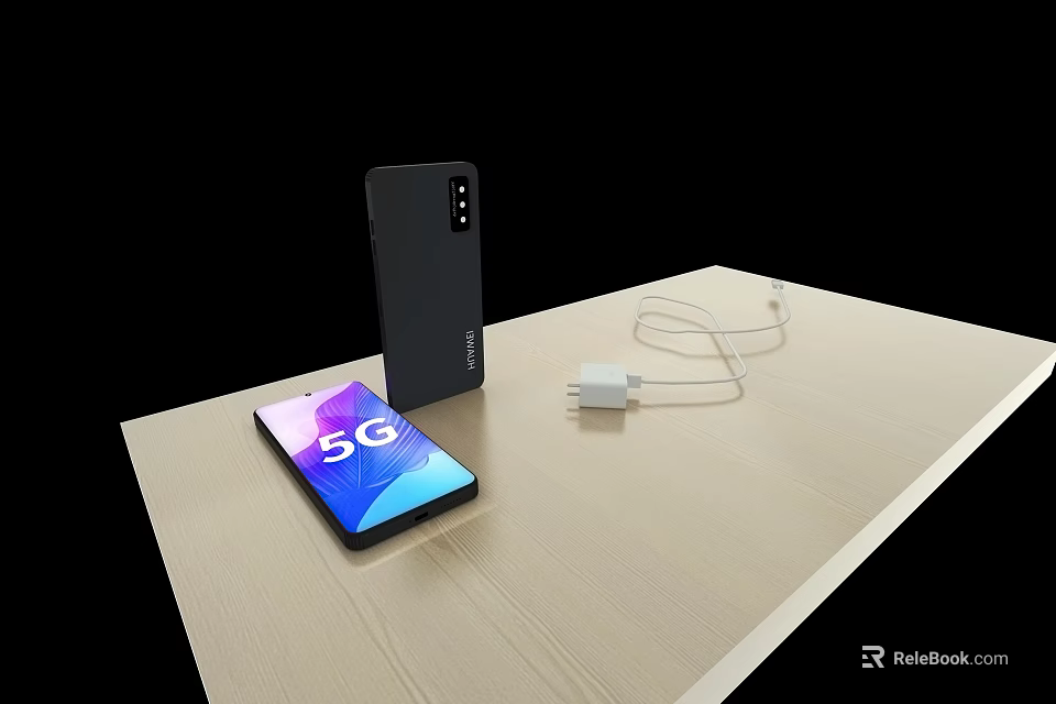 5G Smartphone Display Screen With Phone Case And Charger On Wooden Table 3d model 