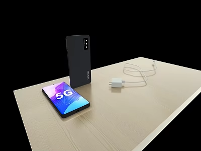 5G Smartphone Display Screen With Phone Case And Charger On Wooden Table 3d model