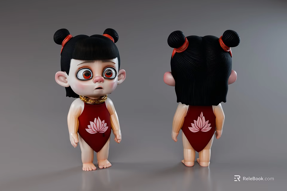 Cartoon Style Game Movie Character With Double Buns Red Strings And Lotus Pattern Red Onesie 3d model 