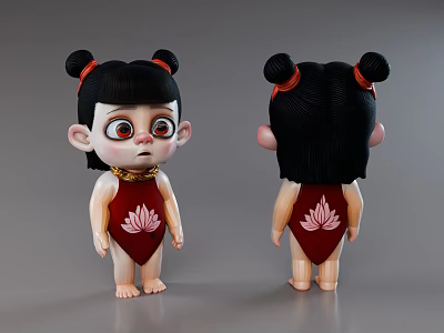 Cartoon Style Game Movie Character With Double Buns Red Strings And Lotus Pattern Red Onesie 3d model
