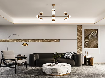 Elegant Modern Living Room Interior With Black Sofa White Marble Coffee Table And Gold Accents 3d model