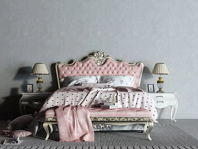 Elegant Double Bed With Ornate Headboard Pink Bedspread And Bedside Table Lamps 3d model