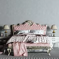 Elegant Double Bed With Ornate Headboard Pink Bedspread And Bedside Table Lamps 3d model