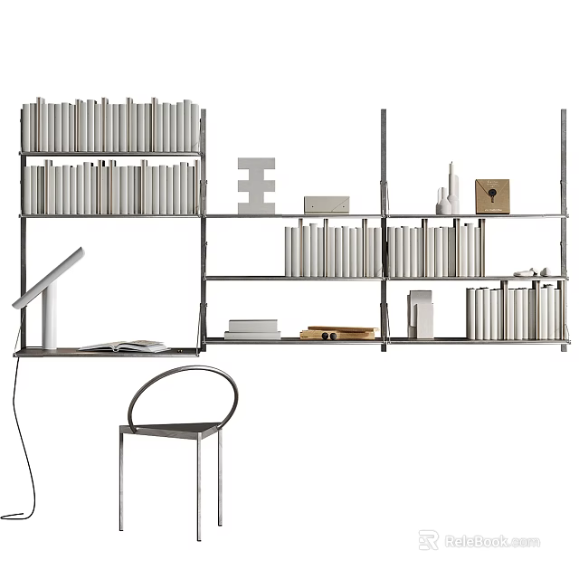 Modern Bookcase With Stacked Books Table Lamp And Side Chair 3d model 