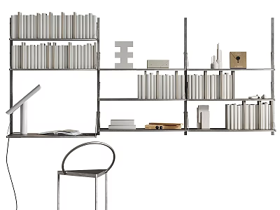 Modern Bookcase With Stacked Books Table Lamp And Side Chair 3d model
