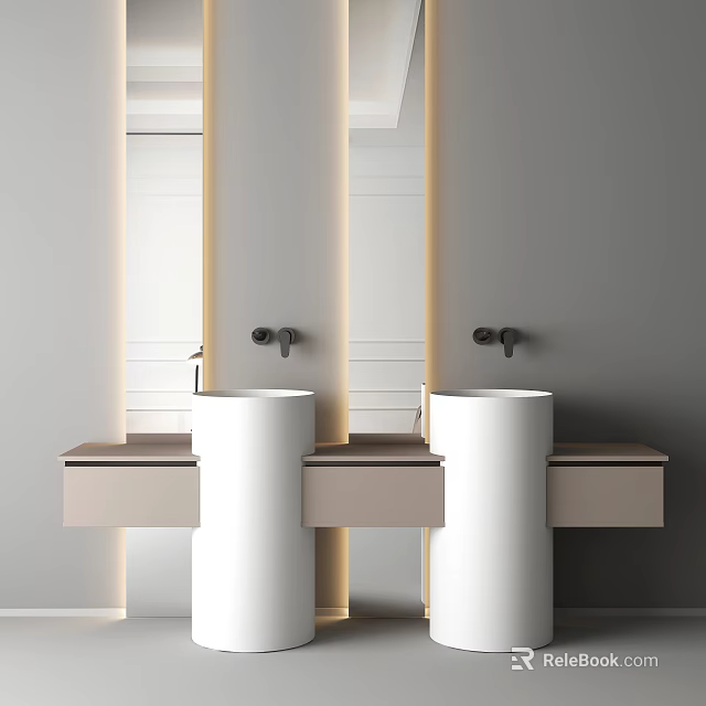 Modern Double Washbasin Interior Design With White Pedestals And Mirror Lighting 3d model