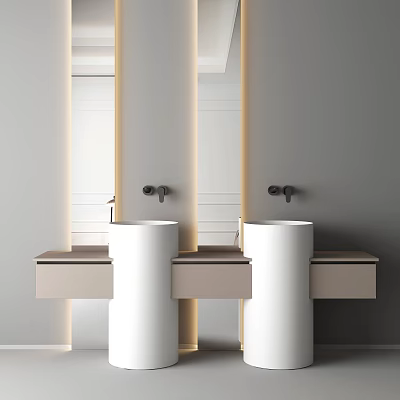 Modern Double Washbasin Interior Design With White Pedestals And Mirror Lighting 3d model