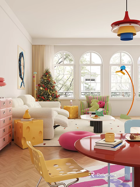 Vibrant Living Dining Room With White Sofa Christmas Tree Arched Windows And Colorful Furniture 3d model 