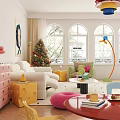 Vibrant Living Dining Room With White Sofa Christmas Tree Arched Windows And Colorful Furniture