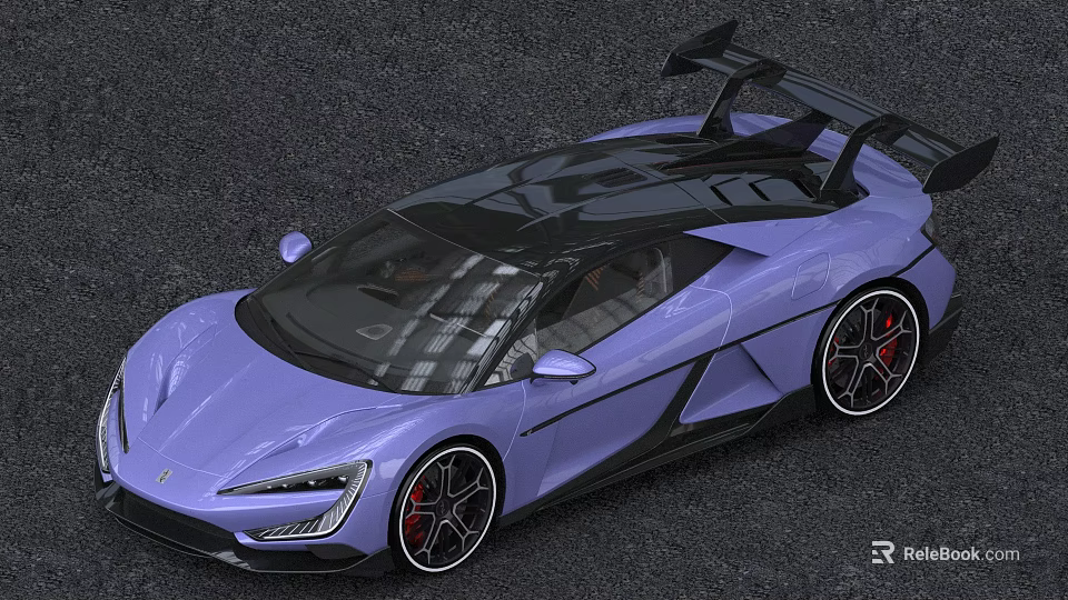 Purple Sports Car With Black Roof Large Rear Spoiler Black Wheels And Red Brake Calipers 3d model 
