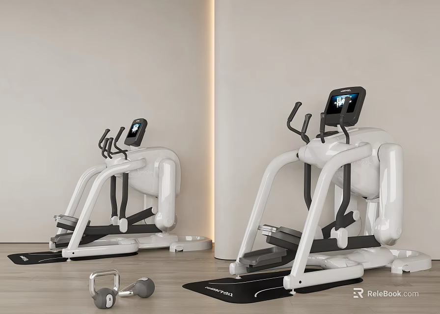 Modern Indoor Fitness Equipment Featuring Elliptical Machines Dumbbells And Digital Screens 3d model 