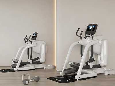 Modern Indoor Fitness Equipment Featuring Elliptical Machines Dumbbells And Digital Screens 3d model