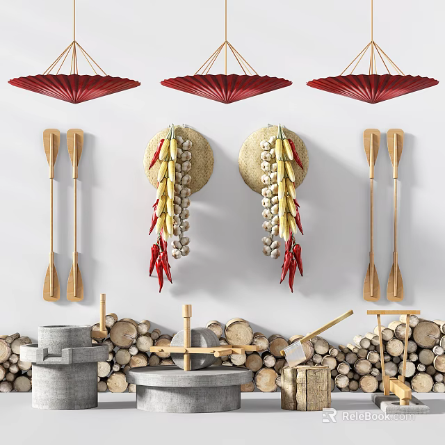 Rustic Garden Ornaments Featuring Red Hanging Decor Corn Chili Strings Wooden Oars and Wood Piles 3d model 