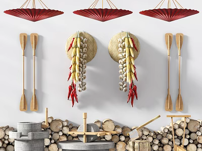 Rustic Garden Ornaments Featuring Red Hanging Decor Corn Chili Strings Wooden Oars and Wood Piles 3d model