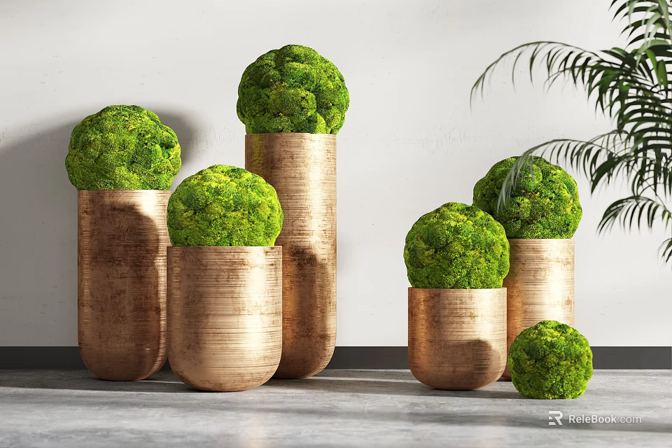 Green Spherical Bonsai Plants Arranged In Copper Cylindrical Pots Various Sizes On Gray Floor 3d model 