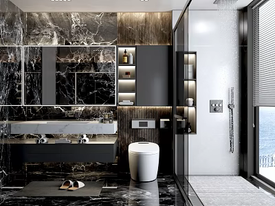 Modern Luxury Bathroom Interior Design With Dark Marble Illuminated Shelves And Transparent Glass Shower Area 3d model