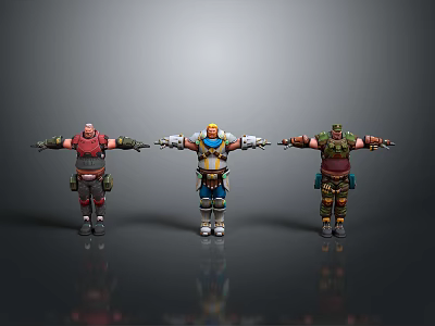 Three 3D Character Models Standing With Arms Outstretched In Colorful Outfits 3d model