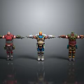 Three 3D Character Models Standing With Arms Outstretched In Colorful Outfits