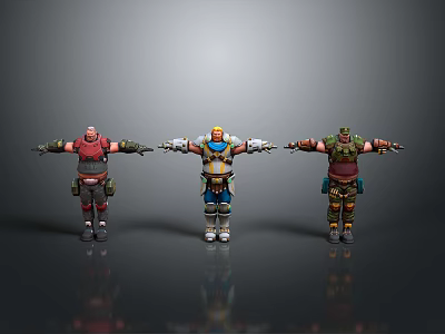 Three 3D Character Models Standing With Arms Outstretched In Colorful Outfits 3d model