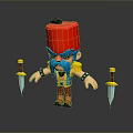 Cartoon Style Man In Yellow Outfit Red Tall Hat Blue Bearded Face Holding Two Daggers