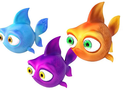 Cute Colorful Fish Dolls With Big Eyes In Blue Purple And Orange 3d model